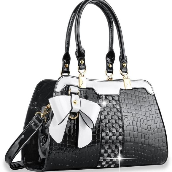 None Handbags - Black and White Retro Jeweled Rhinestone Bling Handbag Purse